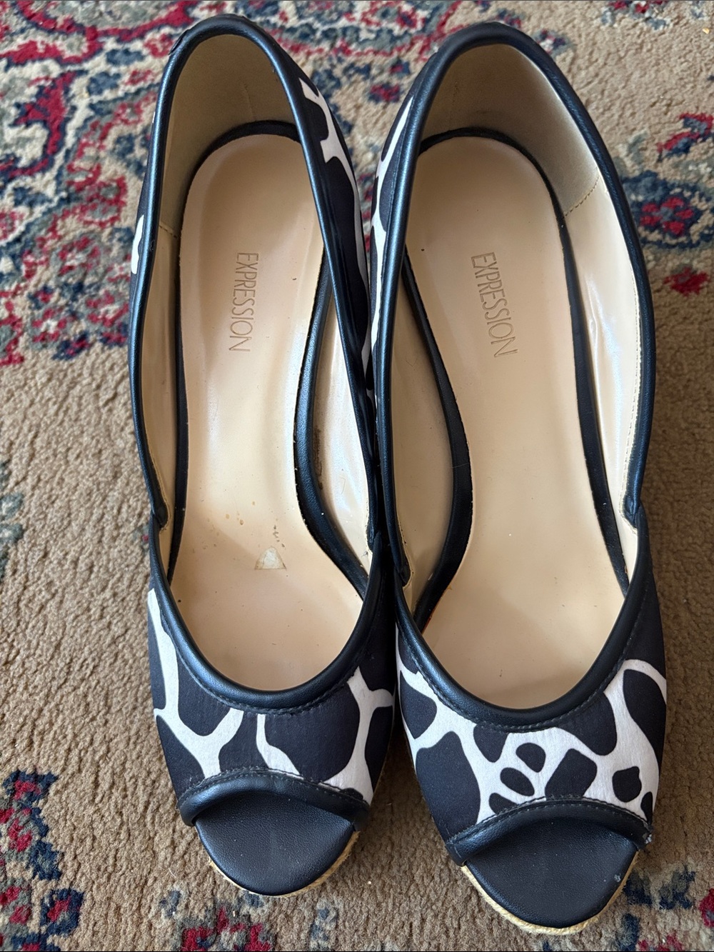 Expressions Black and White Animal Print Peep Toe Flats